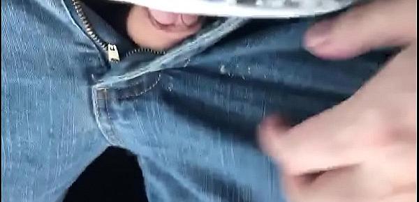  stroke small dick in car outside using phone with other hand